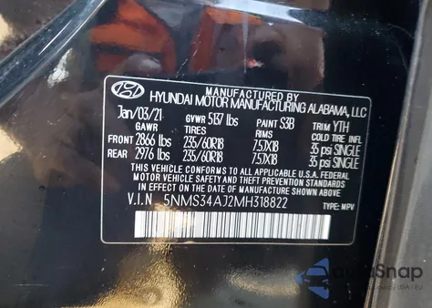 2021 Hyundai Santa Fe Sel z USA, uszkodzony, nr VIN 5NMS34AJ2MH318822